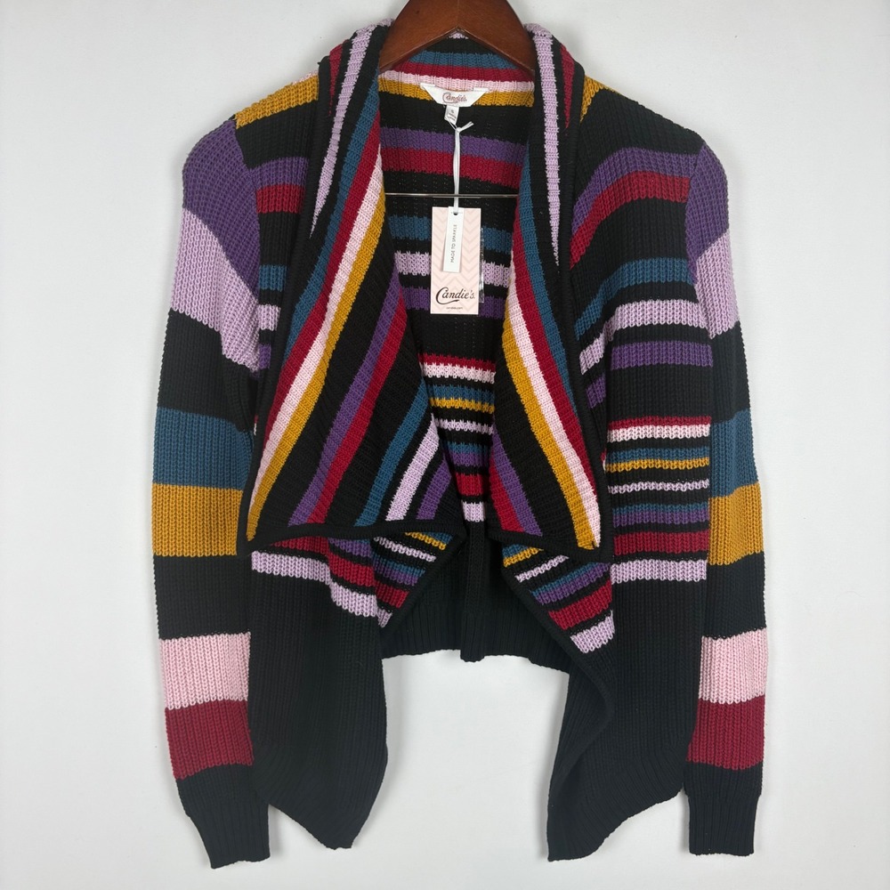 NWT Candie's Cardigan Multi Colored Cropped Waterfall Striped Sweater